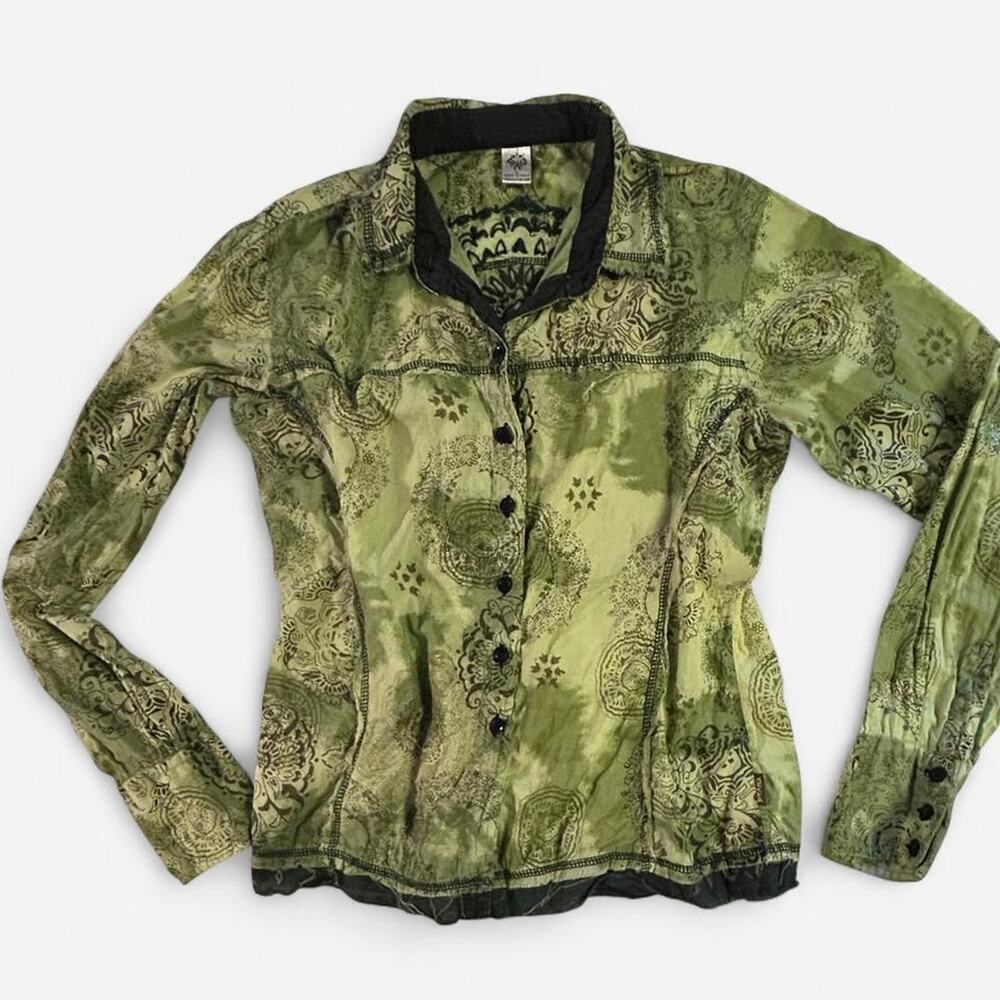 Vintage prAna Breathe Green Paisley Cotton Button Down Shirt Large
